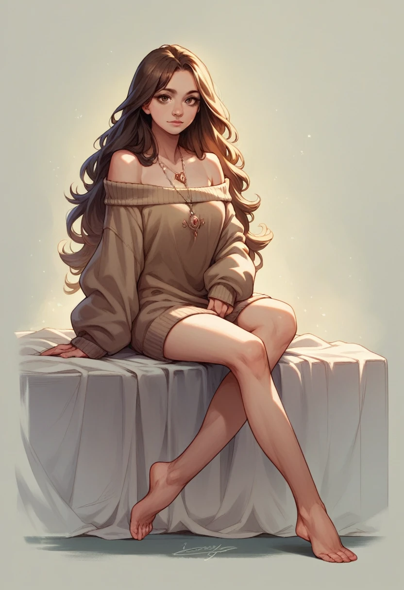 1girl in, age19, Solo, Long hair, Colossal , Looking at Viewer, blondehair, Bare shoulders, Brown eyes, jewely, Full body, a necklace, off shoulders, Sweaters, Realistic, A sexy