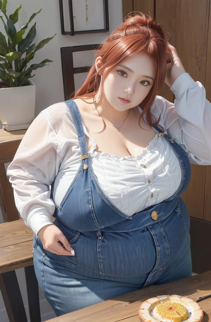 Makima de l'anime "chainsaw man", chan, corps entier, magnifique et ultra détaillée. Ssbbw, obésité morbide, Cheveux rouges, yeux jaunes, visage gras, visage ultra détaillé et doux. Chemise, jupe en jean, pose dynamique, soleil, gros ventre rond et moux débordant sur la table