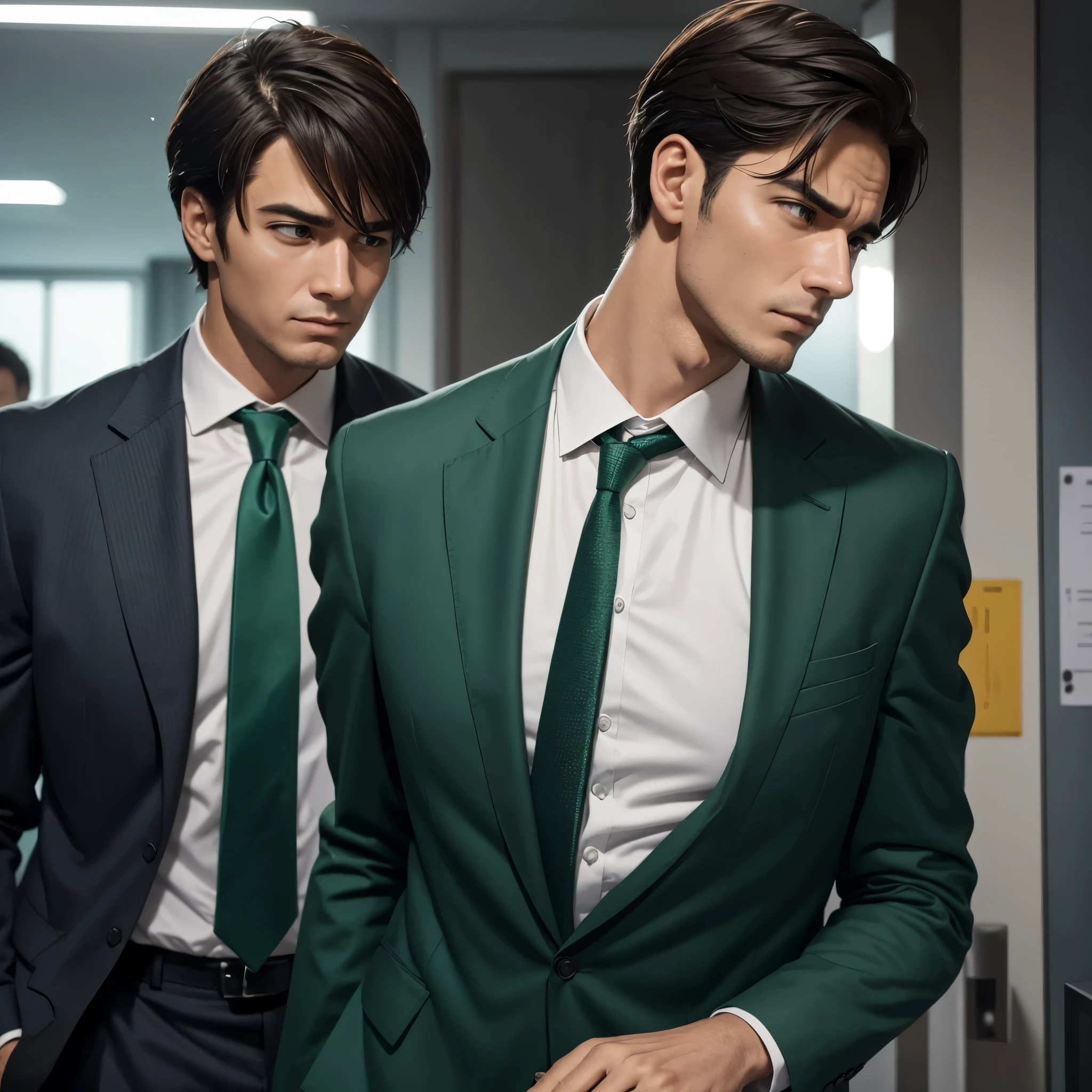 Create an image depicting a man dressed in a green business suit who exhibits excessive concern and consideration towards others in his everyday life. Show him in various daily situations where he demonstrates heightened attentiveness and care for those around him. Capture realistic expressions and gestures that convey his thoughtful and empathetic nature. Set the scenes in typical daily environments to emphasize the relatability and realism of his actions. Ensure the composition convincingly portrays his genuine kindness and attentive demeanor.