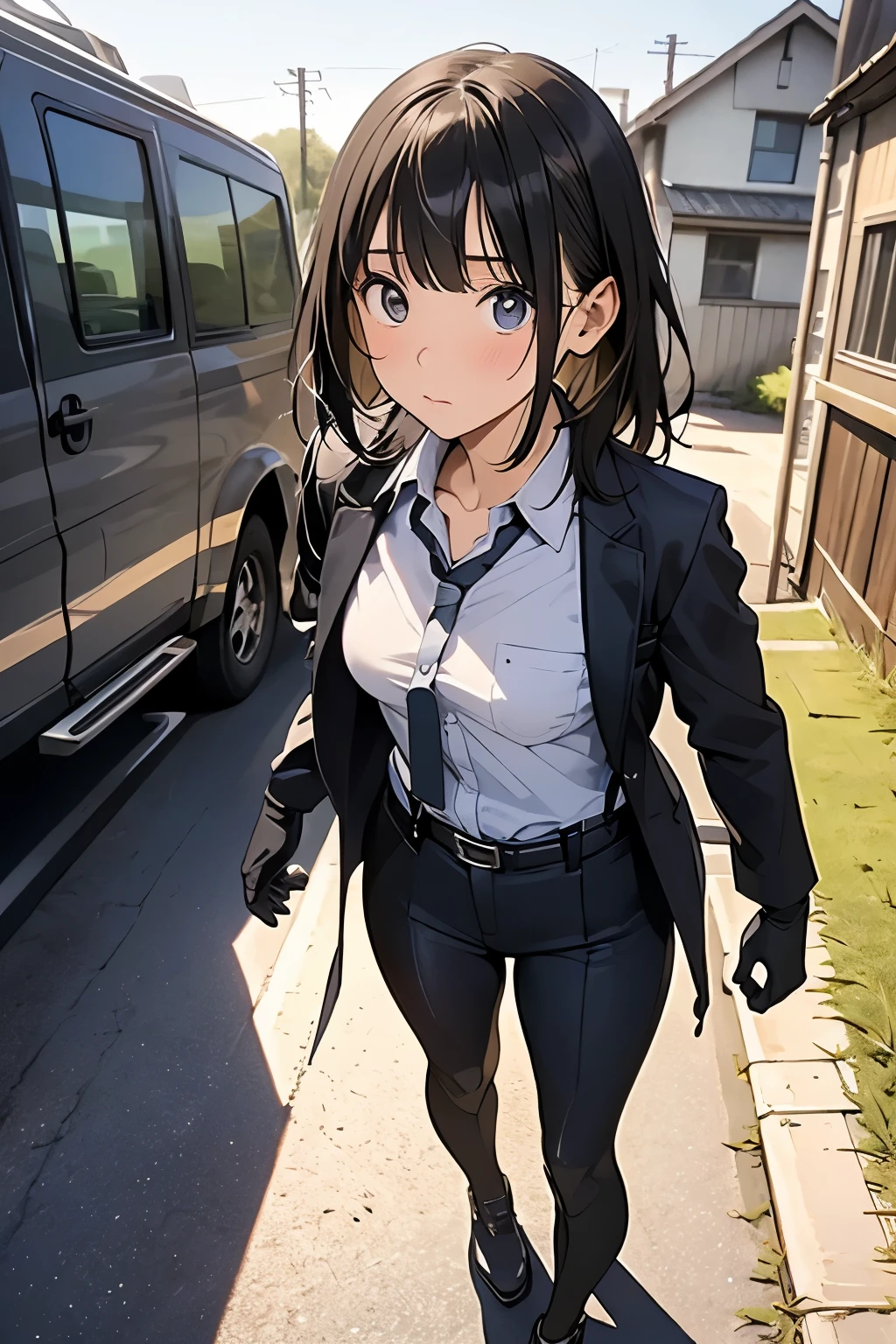 high quality, masterpiece, Ultra-high resolution, (realism: 1.4), Oil painting style, Cinema Lighting, An endless grassland dotted with a few houses, I stood on the empty asphalt road and looked at it., Fairy Mountain々was shrouded in mist, And the suspenders with the cranes flying　　　Moderate breasts　 　 　　　　Small face　 　　　holster　　　　　　　 Lying in bed　Looking up　　　　Sweat 　　　belt　summer　脇Sweat 　Black Hole Gloves　suit　shirt　　Black jacket　 Black trousers　Leg Links　ズボンにbelt　　holster　 　　Hands behind your back　 Anxious expression　Looking up　Anxious face