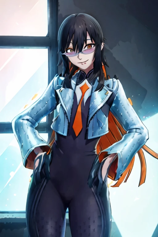 Daraku, Alone, 1girl, glasses, jacket, bodysuit, orange tie, long hair, gloves, smile, best quality, room, window, masterpiece, hands behind back