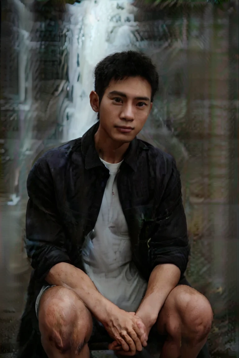 Handsome Javanese Indonesian man (25 years old, oval and clean face, ideal body and neat, Indonesian skin, wearing a trucker jacket and black bag and sneakers, pose sitting on a folding chair, photography style photo facing front, there is a tent beside him, face visible, behind near the man there is a beautiful waterfall, bright ultra HD atmosphere, original photo, high detail, very sharp, 18mm lens, realistic, photography, Leica camera