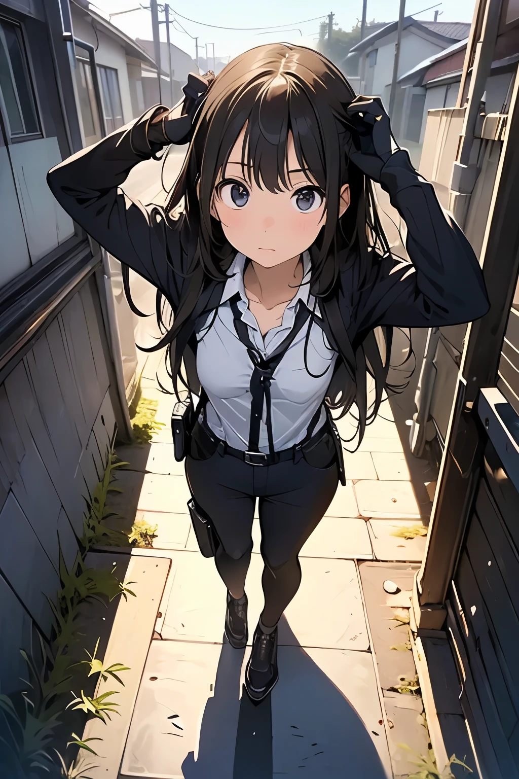 high quality, masterpiece, Ultra-high resolution, (realism: 1.4), Oil painting style, Cinema Lighting, An endless grassland dotted with a few houses, I stood on the empty asphalt road and looked at it., Fairy Mountain々was shrouded in mist, And the suspenders with the cranes flying Moderate breasts Small face holster Lying in bed Looking up Sweat belt summer 脇Sweat Black Hole Gloves suit shirt Black jacket Black trousers Leg Links ズボンにbelt holster Hands behind your back Anxious expression Looking up Anxious face