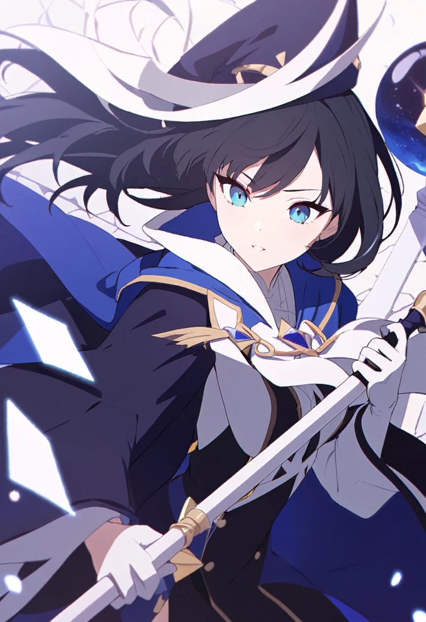 young woman, white magician, long black hair, long blue mage robe, Staff in hand, 