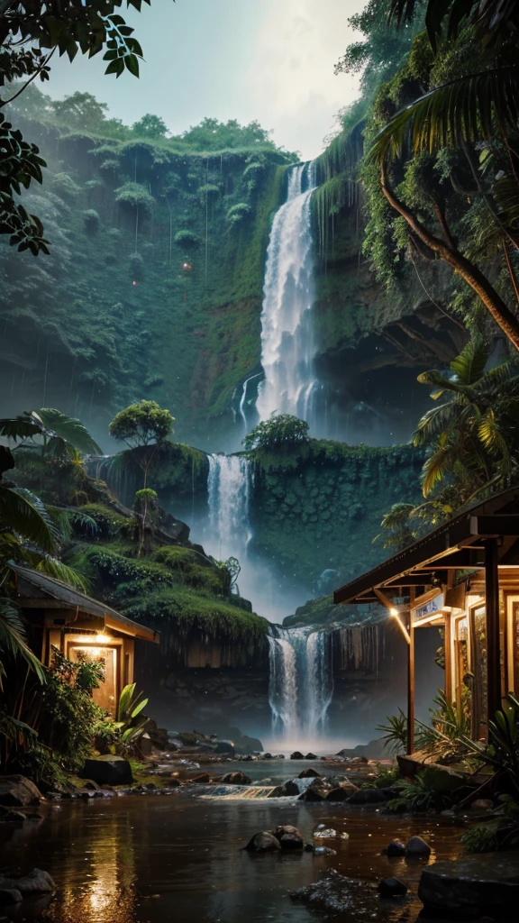 Hyper realistic photograph of a mars jungle, massive waterfalls, rain, subtile lights, bar, 64k, masterpiece