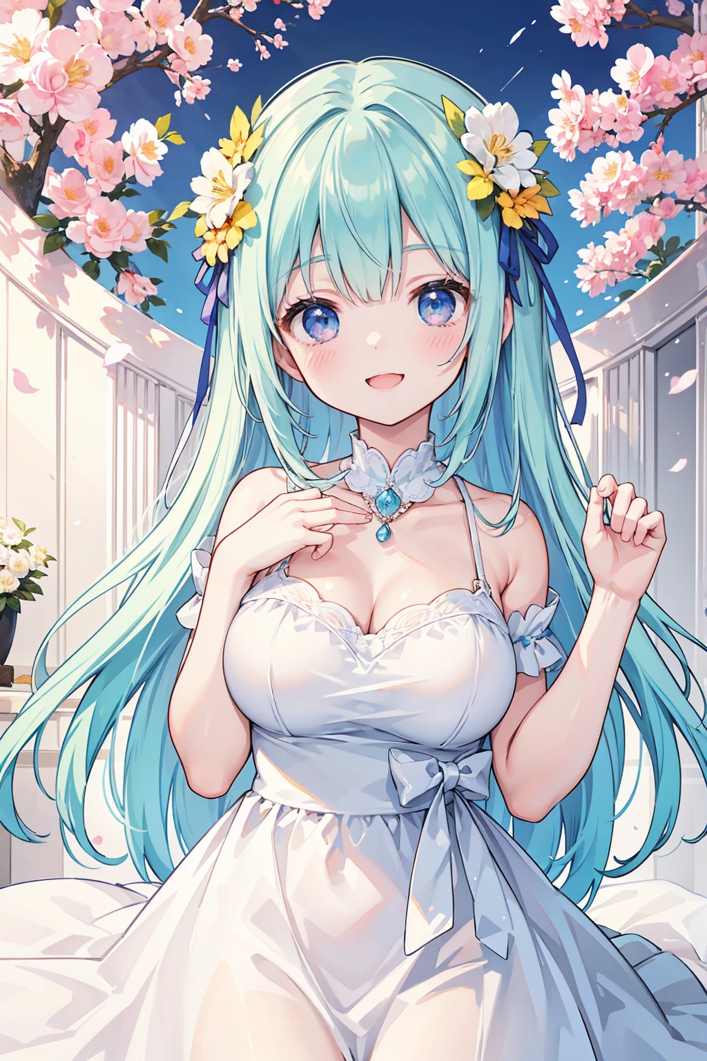 best quality,masterpiece,Ultra-high resolution,(photoactual:1.4),,Sky full of platycodon flowers（background）,20 years old ,Balloon Flower Fairy（Japanese Girls）,Dark blue shawl long hair,cute eyes,Sexy body,Big breasts,Wearing a platycodon flower strapless skirt,Sitting among the lisianthus flowers,The mouth smiles,Thinking with lisianthus flowers in hand,