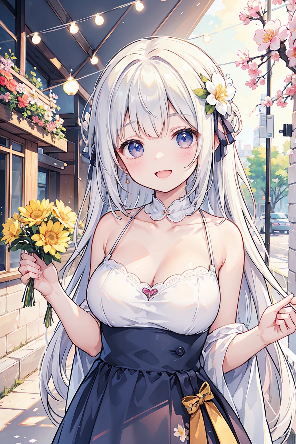 Photorealistic、Highest quality、Highest Resolution、Highest quality、8K、1人のBeautiful woman、Beautiful woman、Beautiful woman、Big Breasts、smile、looks fun、flowerを持つ、flower束を持つ、flower、flower束、celebration、