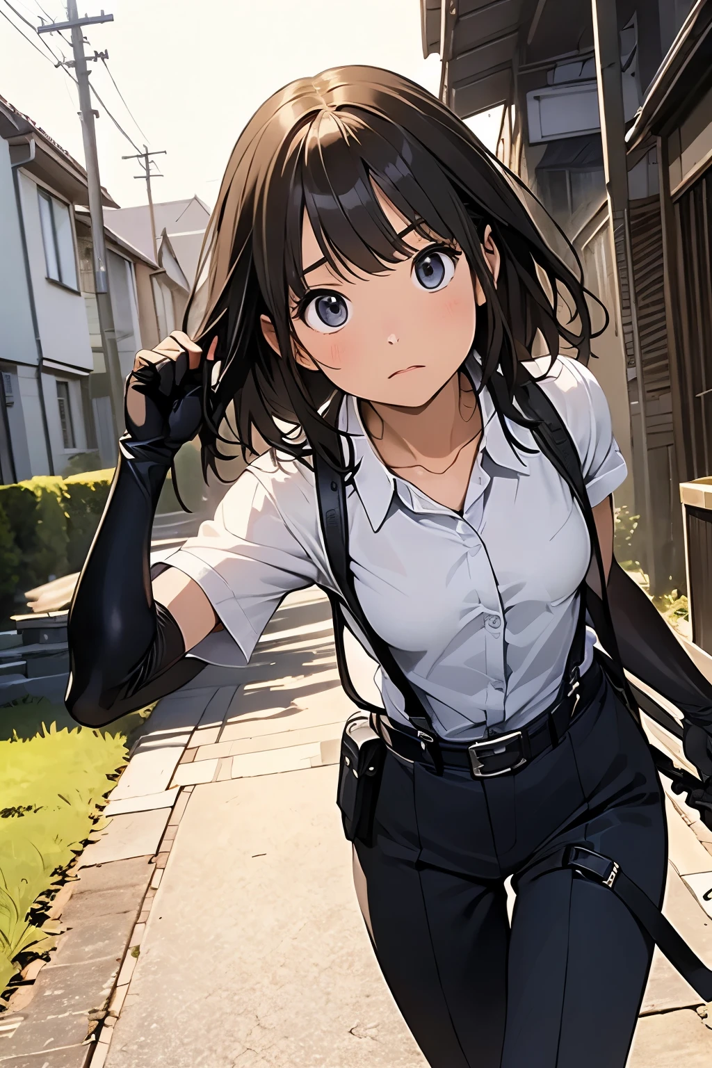 high quality, masterpiece, Ultra-high resolution, (realism: 1.4), Oil painting style, Cinema Lighting, An endless grassland dotted with a few houses, I stood on the empty asphalt road and looked at it., Fairy Mountain々was shrouded in mist, And the suspenders with the cranes flying Moderate breasts Small face holster Lying in bed Looking up Sweat belt summer 脇Sweat Black Hole Gloves suit shirt Black jacket Black trousers Leg Links ズボンにbelt holster Hands behind your back Anxious expression Looking up Anxious face