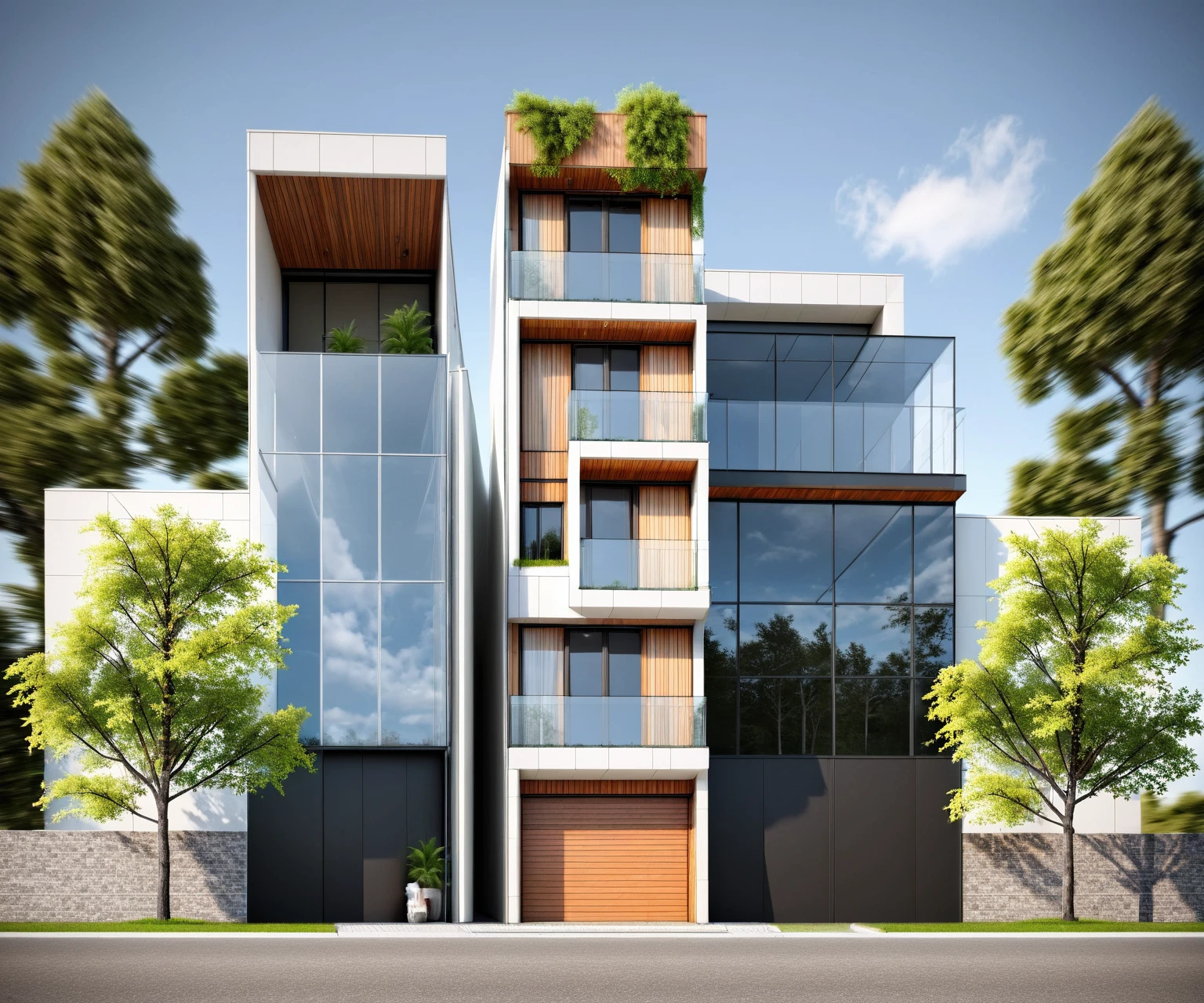 rendering of a building with a balcony and a balcony on the top floor, modern lush condo as shopfront, elevation view, building facing, street elevation, full building, frontview, front elevation view, mid-view, front-view, from street level, freddy mamani silvestre facade, view from the street, front elevation, conceptual, street level view. Raw photo,Masterpiece, high quality, best quality, authentic, super detail,
exterior, outdoors, house style modern on the street, glass windows,  wooden ceiling,
road,pavement, trees, sky, cloud, (daylight:1.1)