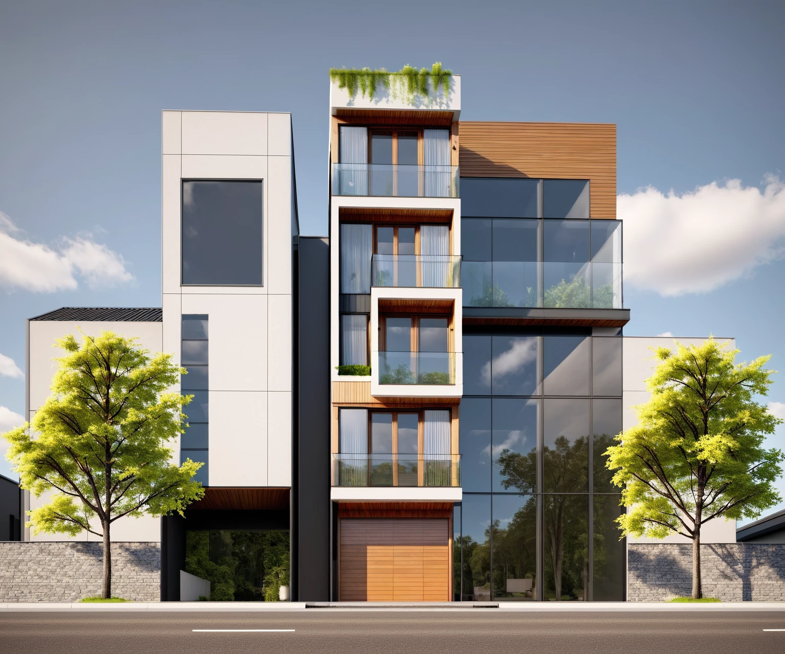 rendering of a building with a balcony and a balcony on the top floor, modern lush condo as shopfront, elevation view, building facing, street elevation, full building, frontview, front elevation view, mid-view, front-view, from street level, freddy mamani silvestre facade, view from the street, front elevation, conceptual, street level view. Raw photo,Masterpiece, high quality, best quality, authentic, super detail,
exterior, outdoors, house style modern on the street, glass windows,  wooden ceiling,
road,pavement, trees, sky, cloud, (daylight:1.1)