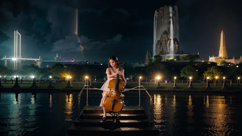 Montage in circular stairs structure by ery keyra, prambanan temple, mountain, sea, waterfall, rain forest, long river, city light, musical notes. Double exposure with an elegance girl playing cello. bright contrast. lightum. neon rainbow drip effect. movements and realistic render.