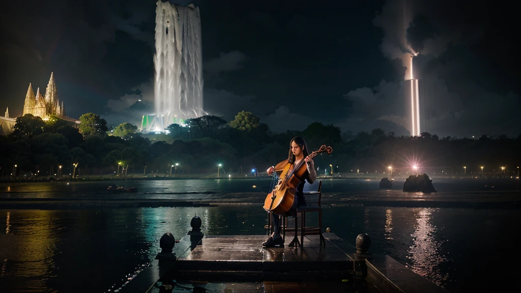 Montage in circular stairs structure by ery keyra, prambanan temple, mountain, sea, waterfall, rain forest, long river, city light, musical notes. Double exposure with an elegance girl playing cello. bright contrast. lightum. neon rainbow drip effect. movements and realistic render.
