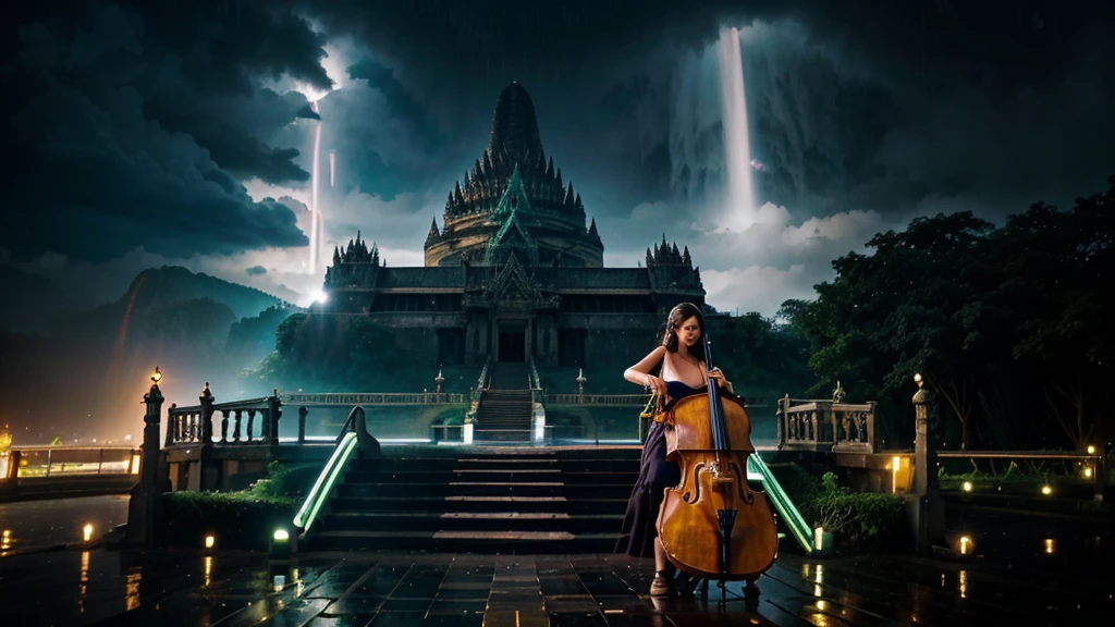 Montage in circular stairs structure by ery keyra, prambanan temple, mountain, sea, waterfall, rain forest, long river, city light, musical notes. Double exposure with an elegance girl playing cello. bright contrast. lightum. neon rainbow drip effect. movements and realistic render.