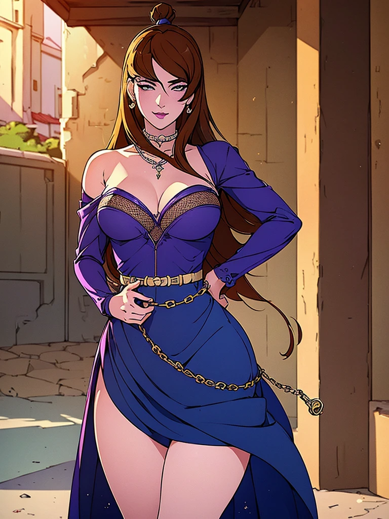 Just one girl,Best quality, 4k, high resolution, body stuck dress, perfect smile, gorgeous, white skin, ahegao face(hentai face) , brown hair, wearing dark-blue bodystuck dress with long sleeves and white edges, Wearing  bodycorn outfit(violet colour), clothes are stuck in body, wearing fishnet pantd,1 girl, solo, seductive look, elegance and charm, (masterpiece, best quality, high resolution), looking at the viewer, standing, (intricate and beautiful:1.2), (detailed light:1.2), (soft light, side light), (high resolution textures) , holding leash in hand(chain leash), outdoor, Burmese girl, wearing gorgeous jewelary, wearing harness over the outfit ,outdoor background, sun light, attractive, sexy, mature and hot, young,(masterpiece:1.3), (disorganized:1.3), (highest quality:1.3), perfect anatomy, detailed face, front view, perfect right hands, looking at viewer, (Super detailed:1.3), (best shadow:0.7), (treated hair), fine eyes, beautiful eyes, young aged woman, alone, standing, crystal earrings,closed_mouth, , outdoors,Thick thighs, arrogant face, small 