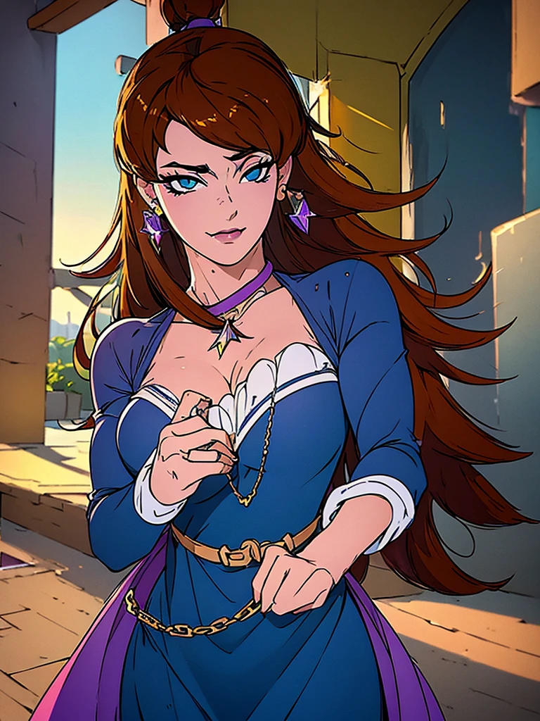 Just one girl,Best quality, 4k, high resolution, body stuck dress, perfect smile, gorgeous, white skin, ahegao face(hentai face) , brown hair, wearing dark-blue bodystuck dress with long sleeves and white edges, Wearing  bodycorn outfit(violet colour), clothes are stuck in body, wearing fishnet pantd,1 girl, solo, seductive look, elegance and charm, (masterpiece, best quality, high resolution), looking at the viewer, standing, (intricate and beautiful:1.2), (detailed light:1.2), (soft light, side light), (high resolution textures) , holding leash in hand(chain leash), outdoor, Burmese girl, wearing gorgeous jewelary, wearing harness over the outfit ,outdoor background, sun light, attractive, sexy, mature and hot, young,(masterpiece:1.3), (disorganized:1.3), (highest quality:1.3), perfect anatomy, detailed face, front view, perfect right hands, looking at viewer, (Super detailed:1.3), (best shadow:0.7), (treated hair), fine eyes, beautiful eyes, young aged woman, alone, standing, crystal earrings,closed_mouth, , outdoors,Thick thighs, arrogant face, small 