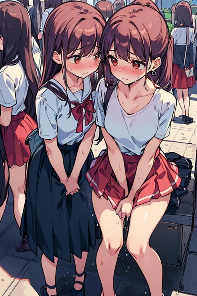 (ultra-detailed, best quality, anatomically perfect body), (small breast:1.3), shiny skin, (Various girls), (have to pee), (very desperate to pee:1.2), (public restroom entrance), (waiting for restroom with line of girls in queue:1.4), clean interior, (standing), (various kind tops), (various long skirt:1.4), (flats, various hairstyle), various bag, (knees together and feet apart:1.2), (Rub each other's thighs:1.2), leaning forward, (hand between legs), (holding the crotch:1.1), (restless), (nose blush:1.1), (embarrassment1.3), flowing sweat, (parted ilps), (erotic body twist:1.2), (breathless), tearful, (looking away), (full body:1.1), from side, (very Bright:1.2),peeing