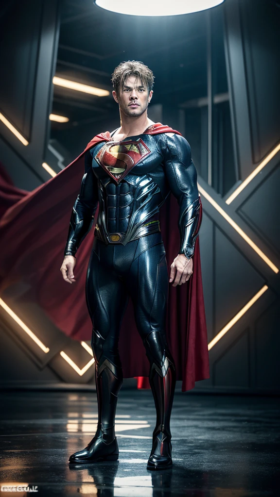 ((masterpiece)), ((best quality)), NVIDIA RTX, intricate details, cinematic lights, reflection lights details, Chris Hemsworth as Superman, futuristic Superman suit, full body