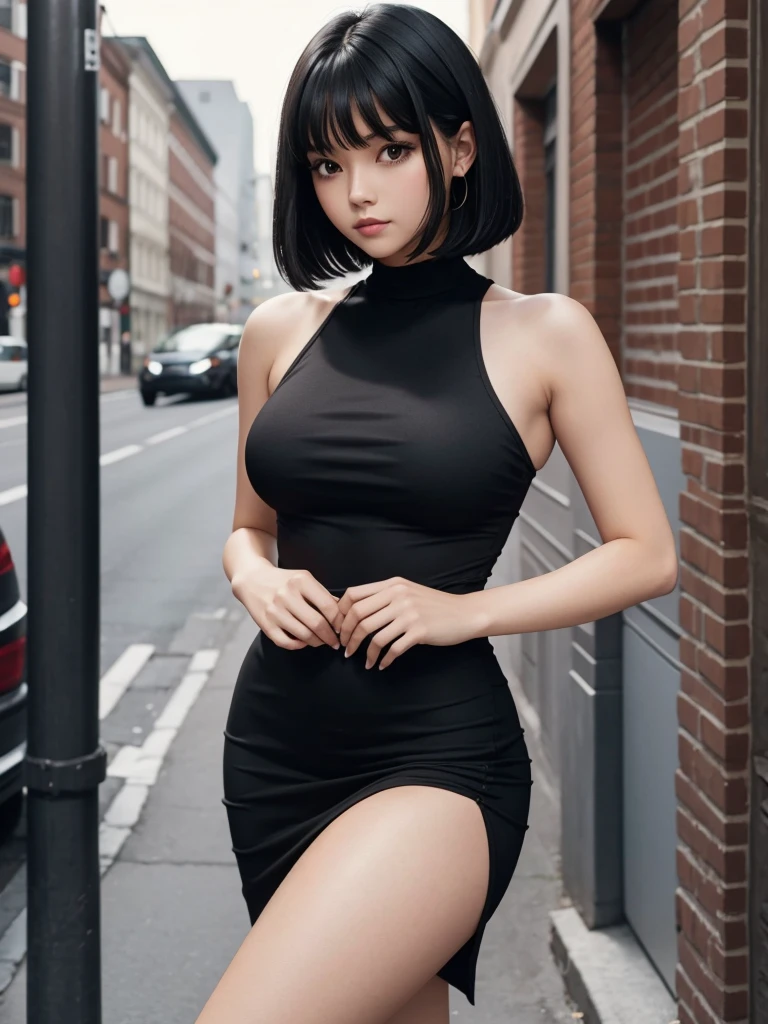 Black-haired girl in a bob, in a black tight dress