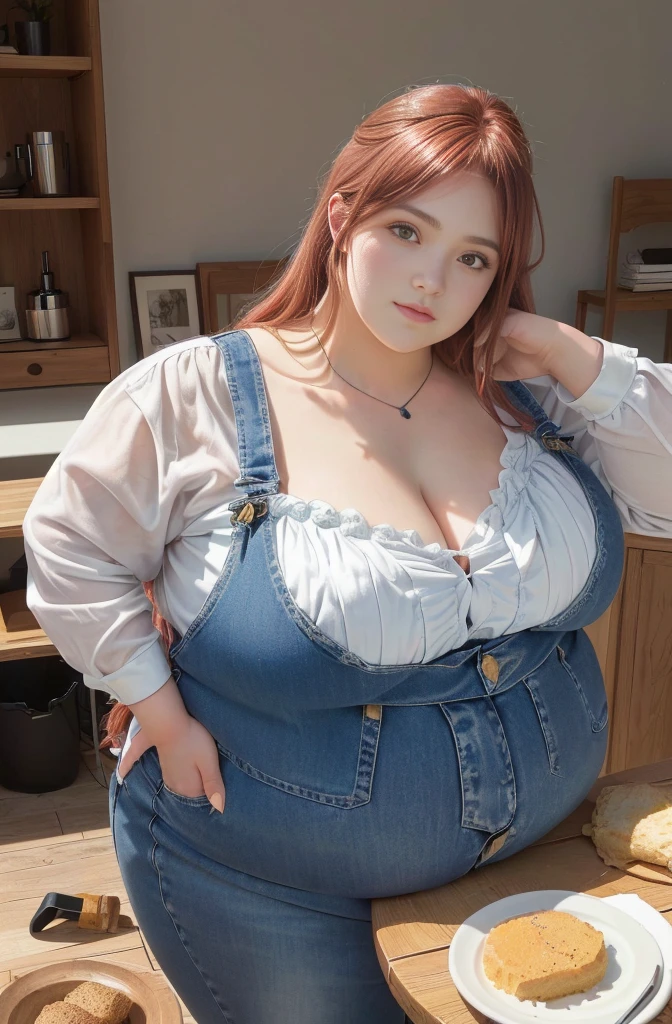 Makima de l'anime "chainsaw man", bbwchan, corps entier, magnifique et ultra détaillée. Ssbbw, obésité morbide, Cheveux rouges, yeux jaunes, visage gras, visage ultra détaillé et doux. Chemise, jupe en jean, pose dynamique, soleil, gros ventre rond et moux débordant sur la table