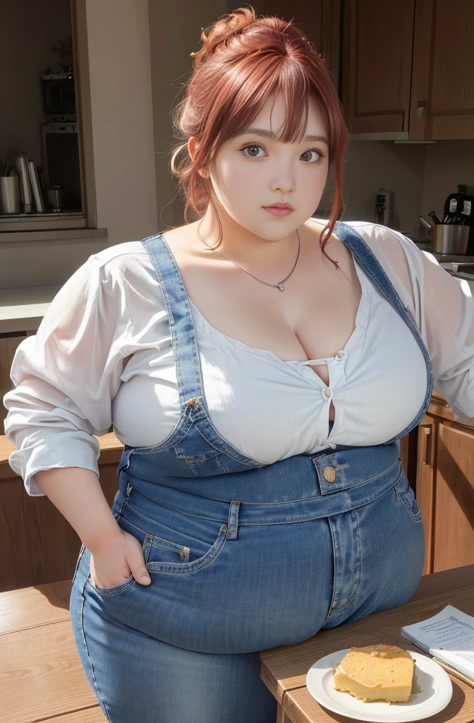 Makima de l'anime "chainsaw man", bbwchan, corps entier, magnifique et ultra détaillée. Ssbbw, obésité morbide, Cheveux rouges, yeux jaunes, visage gras, visage ultra détaillé et doux. Chemise, jupe en jean, pose dynamique, soleil, gros ventre rond et moux débordant sur la table