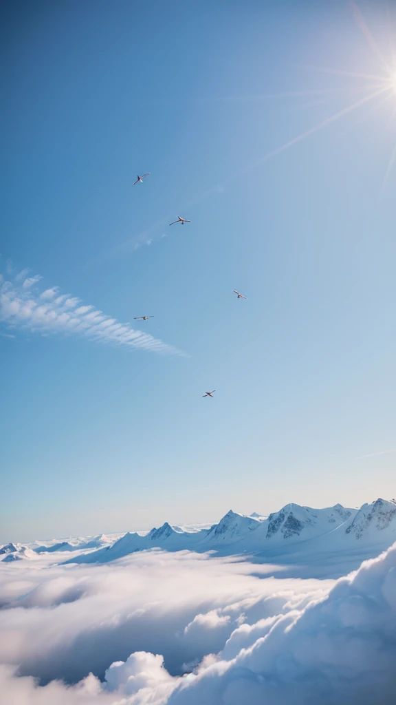 A landscape in the sky with white and light blue as the base, with a red ribbon in the upper left corner and a red ribbon in the lower right corner, and a few birds flying in the sky. Realistic, landscape, 4k, suitable for PPT production.