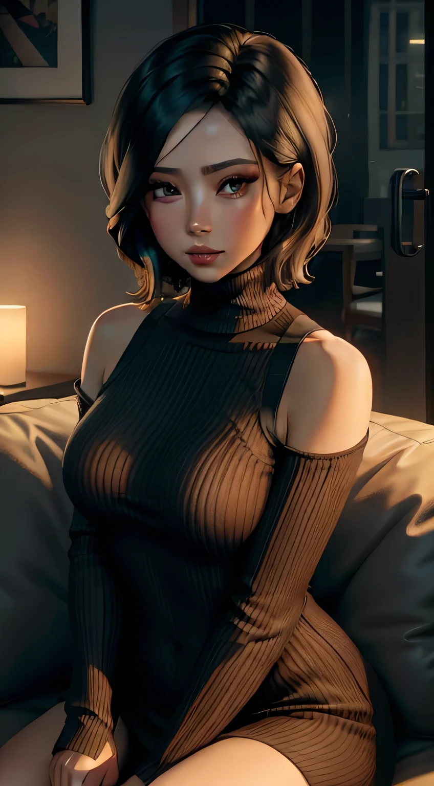 Amazing portrait of a sexy and cute woman who is your best friend's sister who is alone at her  home having a late night gaming session with her brown hair in a short bob style with soft eyes and parted lips with a deep blush wearing an off shoulder oversized grey sweater sitting on a  couch during night time and it's raining outside with warm lighting inside