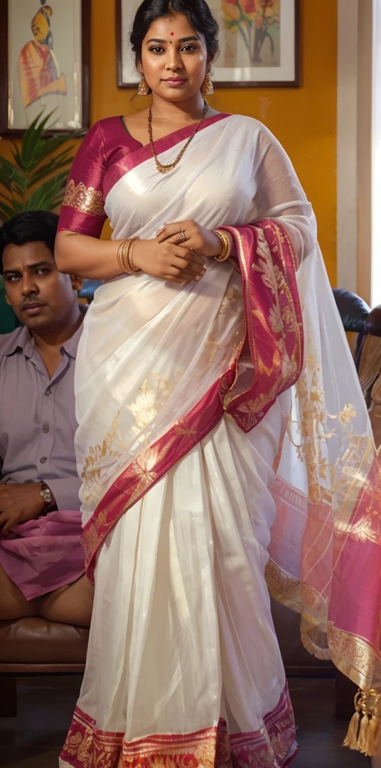 A radiant, full-figured plus sized South Indian 45 year old teacher wearing a transparent white colour silky saree standing in a living room, , captured in a full-body image with vibrant hues and meticulous details. Full body image