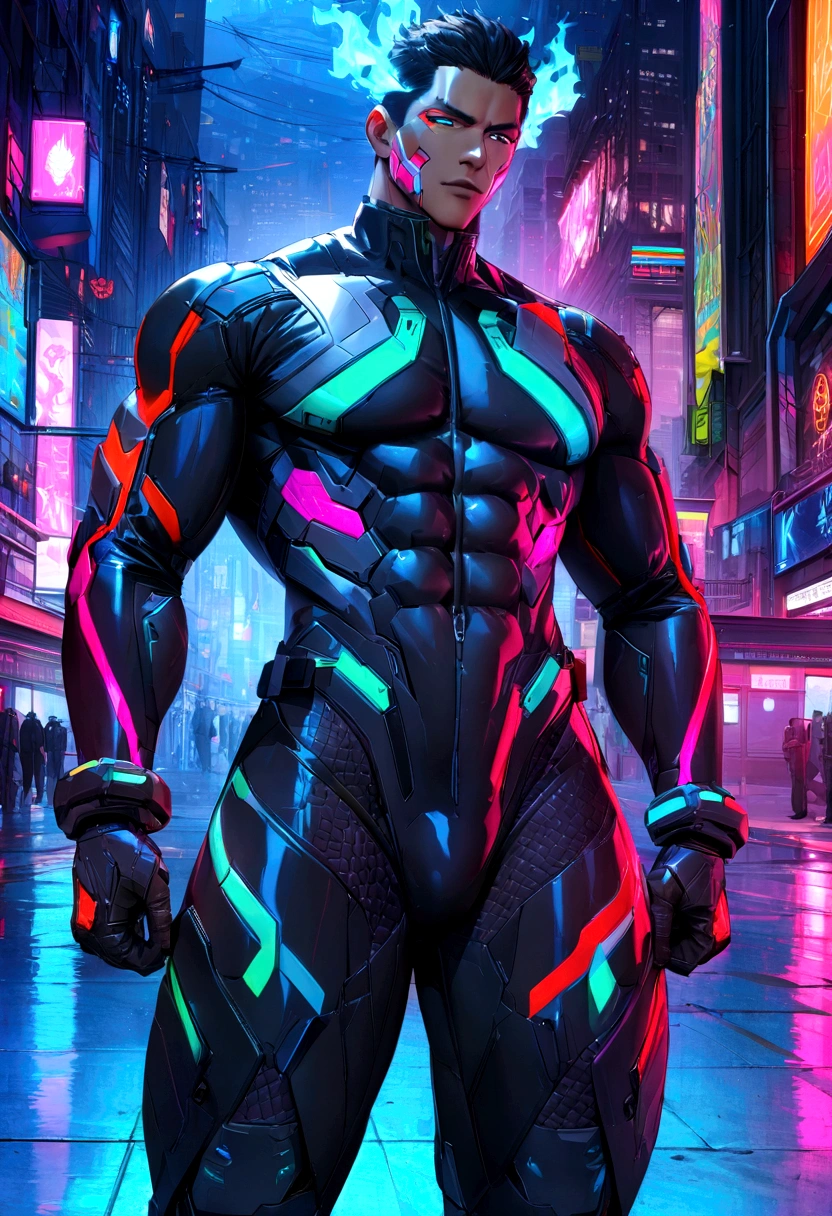 (masterpiece:1.3),(Highest quality:1.4),(Super detailed:1.5),High resolution,Very detailed,unity 8k wallpaper,"Handsome man in stylish clothes, A skin-tight combat suit in a cyberpunk setting. This suit is made from highly durable materials, Lightweight materials, Featuring an ergonomic design, vibrant neon lines and patterns in a variety of colors, Includes electric blue, Neon Green, Fiery Red, And bright purple, Everything outlines his muscular physique.. The suit has reinforced joints and padding