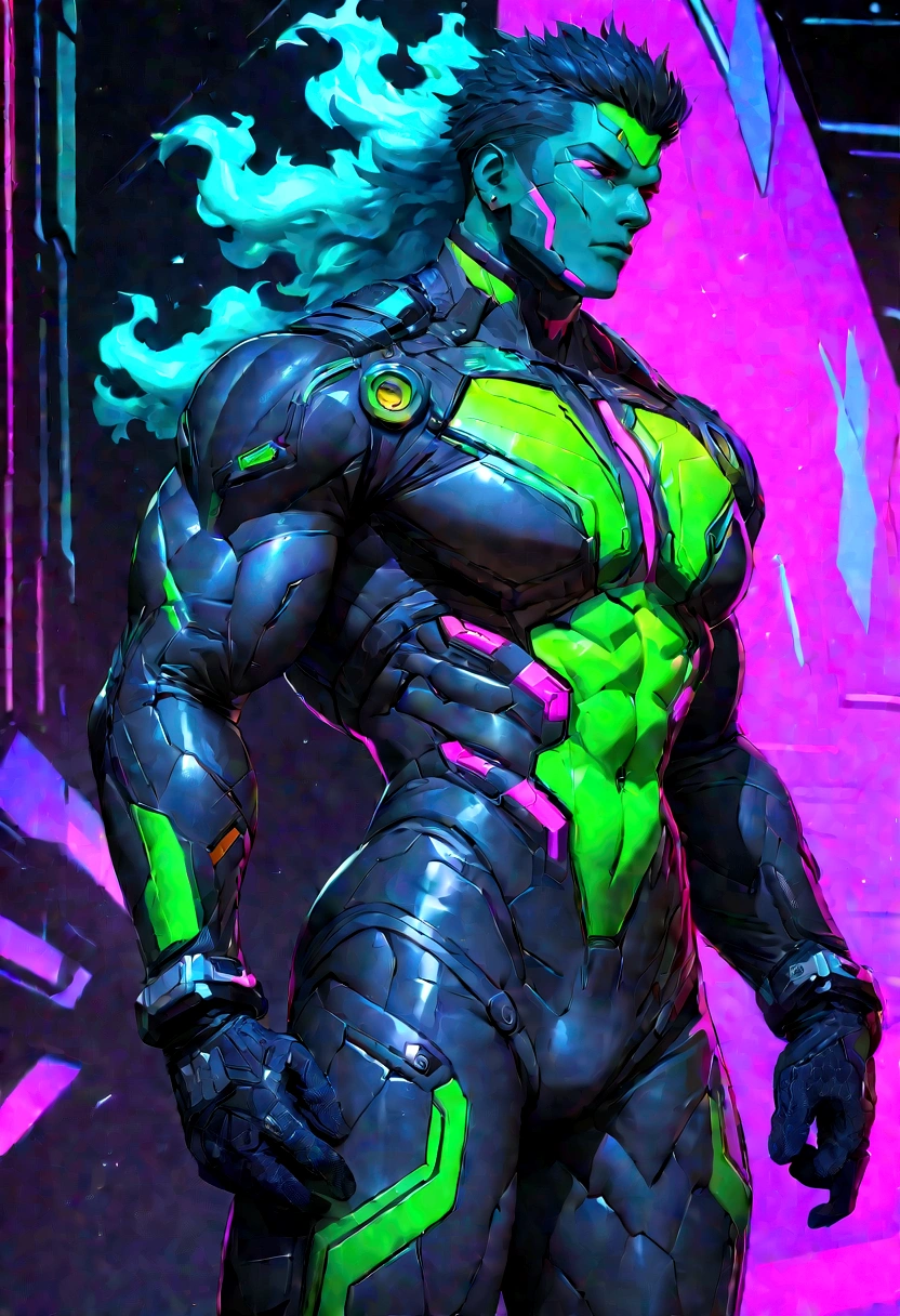 (masterpiece:1.3),(Highest quality:1.4),(Super detailed:1.5),High resolution,Very detailed,unity 8k wallpaper,"Handsome man in stylish clothes, A skin-tight combat suit in a cyberpunk setting. This suit is made from highly durable materials, Lightweight materials, Featuring an ergonomic design, vibrant neon lines and patterns in a variety of colors, Includes electric blue, Neon Green, Fiery Red, And bright purple, Everything outlines his muscular physique.. The suit has reinforced joints and padding