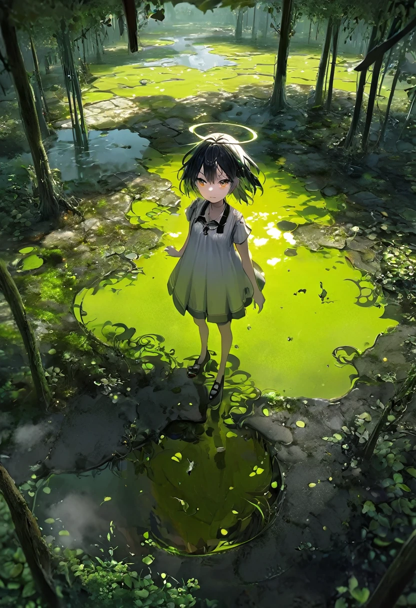Generate an aerial angle birds eye view image of a beautiful humanoid dragon girl , face of beautiful human detailed scale photo realistic with menacing wings, color red and silver unreal engine standing , getting out from the swamp with floating algae , dynamic pose with a background full of large vines dramatic angle view high coloration 4k resolution but