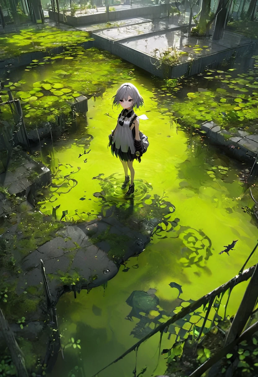 Generate an aerial angle birds eye view image of a beautiful humanoid dragon girl , face of beautiful human detailed scale photo realistic with menacing wings, color red and silver unreal engine standing , getting out from the swamp with floating algae , dynamic pose with a background full of large vines dramatic angle view high coloration 4k resolution but