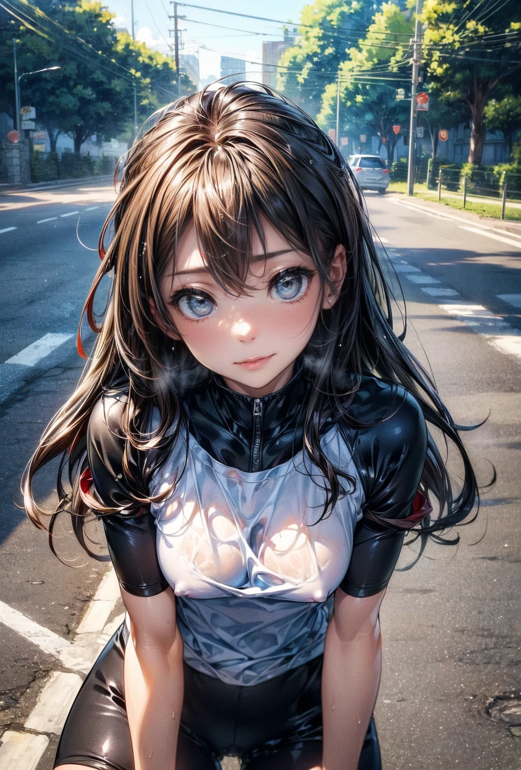 NSFW、Highest quality、(Road bike)、((ride a bicycle))、No background、Smiling at the viewer、Beautiful Eyes、Beautiful Face、Delicate eyes、((Sweatで透けたスポーツウェア))、Sweat、refreshing plateau、、