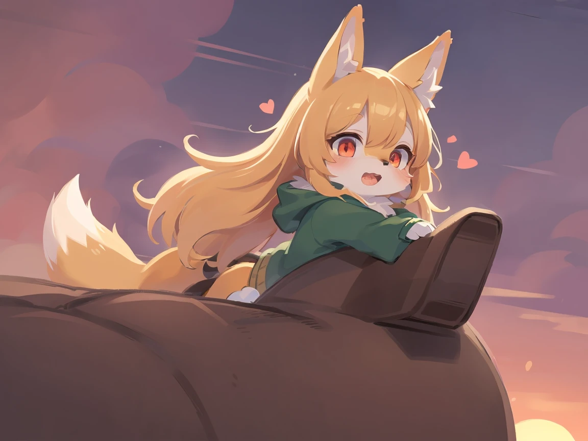  the fox, , was hairy, shaggy, skin fur, smooth lashes, golden fur, forelimb hands, straight long blonde hair, solid circle eyes, golden ears, golden fur, golden facial fur, shiny hair, red eyes,  heart-shaped eyes, super cute face, 1fox tail, fluffy tail, furry tail, glowing eyes, green coat green hood down, brown trousers, riding unsaddled horse, open mouth, slobber, embarrassed,  ambient light, ultra-fine fur, dashed eyes, full body, masterpiece, high quality, high-details, best quality, (((solo))), twilight, sun light, red sky, rim light