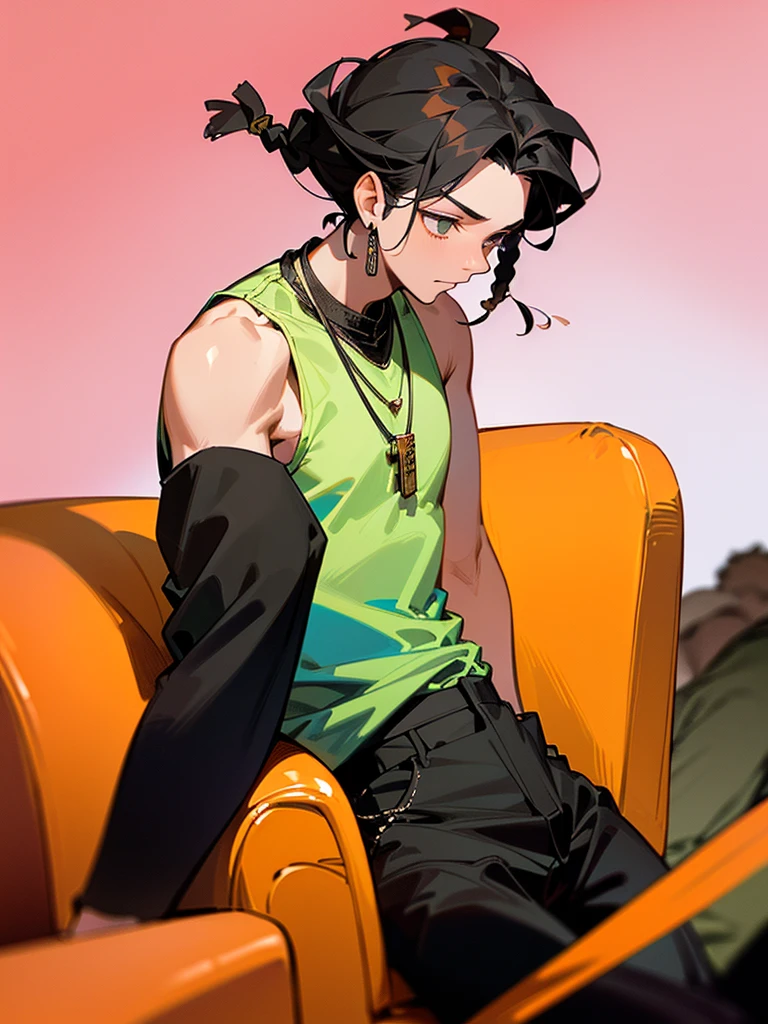 (30 years old male:1.4), (African ethnicity:1.4), (solo focus:1.4), (alone:1.1), black hair, dreadlock hairstyle, (sleeveless shirt, necklace, black pants:1.4), athletic physique, 16K, HD, ultra quality image, extremely detailed, ultra quality eyes, mediums shots, (living room background), calm expressions