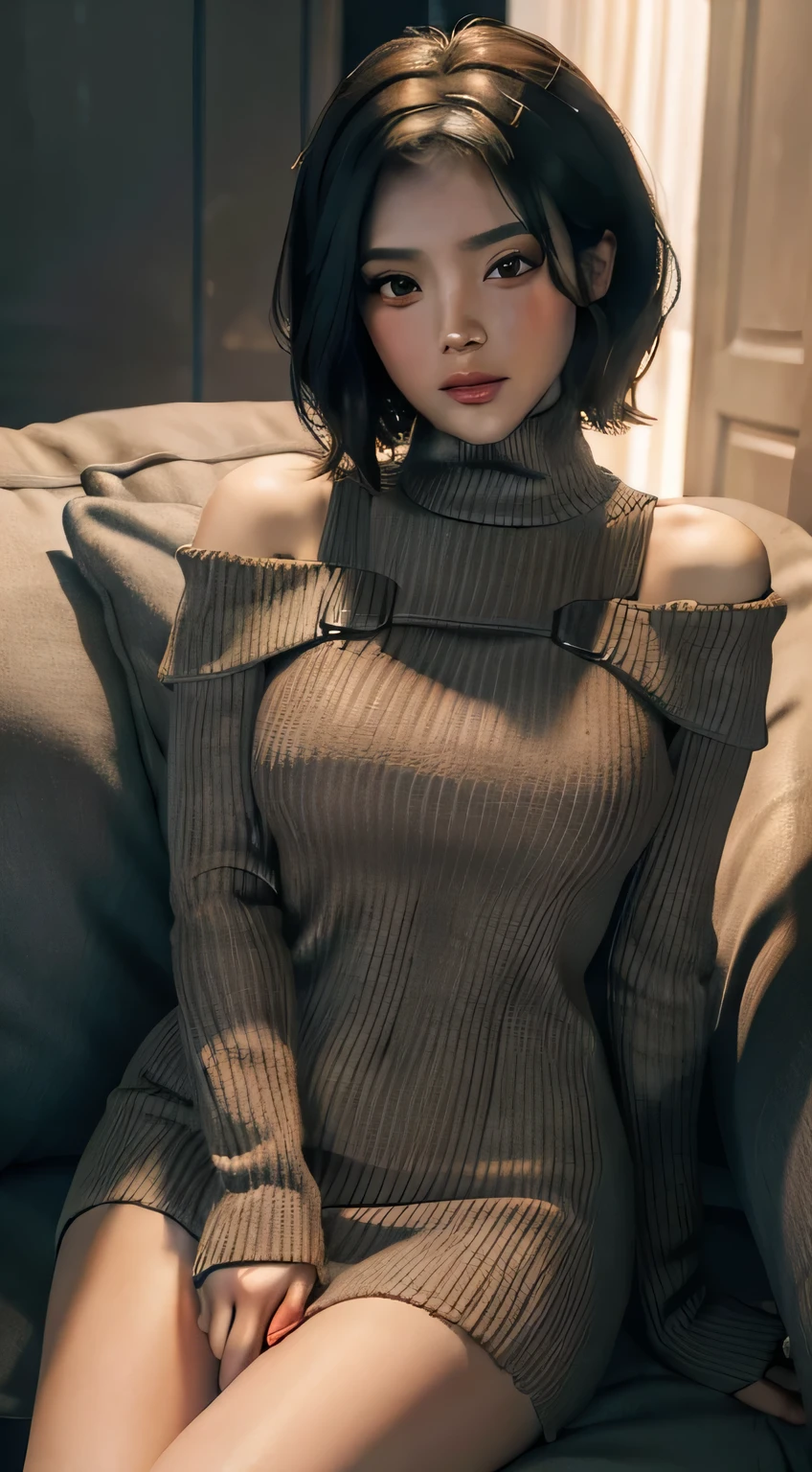 Amazing portrait of a sexy and cute woman who is your best friend's sister who is alone at her home having a late night gaming session with her brown hair in a short bob style with soft eyes and parted lips with a deep blush wearing an off shoulder oversized grey sweater sitting on a couch during night time and it's raining outside with warm lighting inside