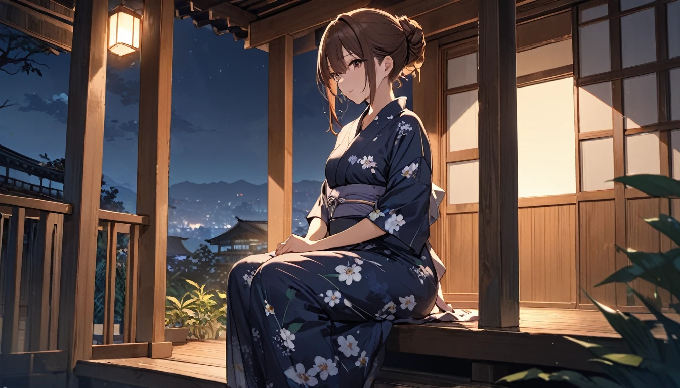 (Highest quality), girl sitting on the porch,Brown Hair,Hair tied up,yukata,night