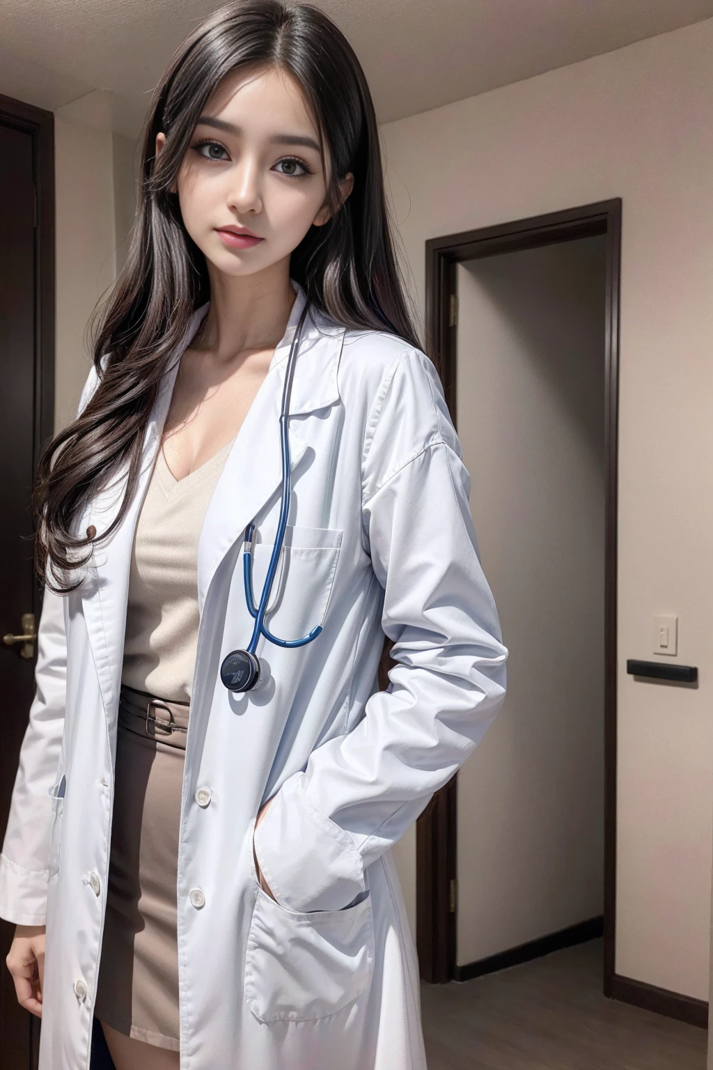 Realistic beautiful doctor、Stunning beauty、Doctor's white coat, Collared shirt、(Top quality、8K、32k、masterpiece、nffsw:1.3)、Ultra-high resolution,(Reality:1.4),Original Photography, Delicate face,,Beautiful hair, ((Doctor style)), , Black tight skirt、 Natural Makeup,, Full breasts、Inside the hospital, Detailed background, Perfect lighting, Depth of Field, Beautiful shadow gradient,Stethoscope ,