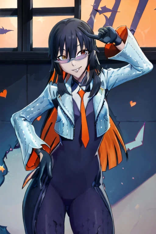 Daraku, Alone, 1girl, glasses, jacket, bodysuit, orange tie, long hair, gloves, smile, best quality, bedroom, window, masterpiece, jack-o-pose