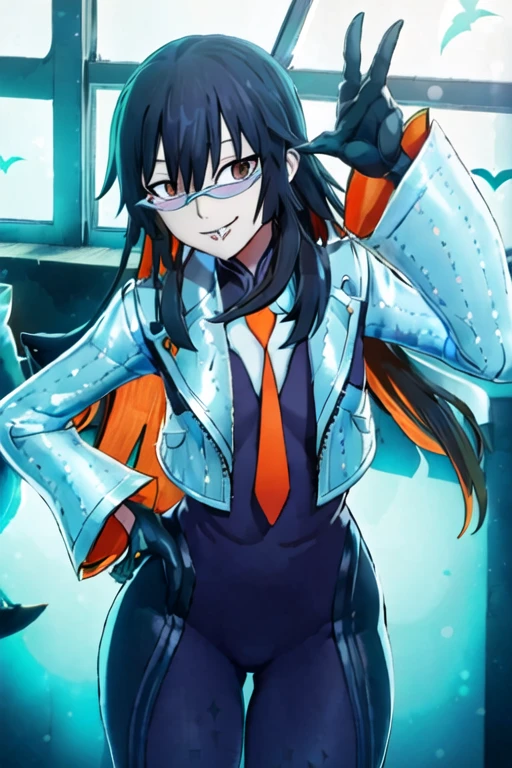 Daraku, Alone, 1girl, glasses, jacket, bodysuit, orange tie, long hair, gloves, smile, best quality, bedroom, window, masterpiece, jack-o-pose