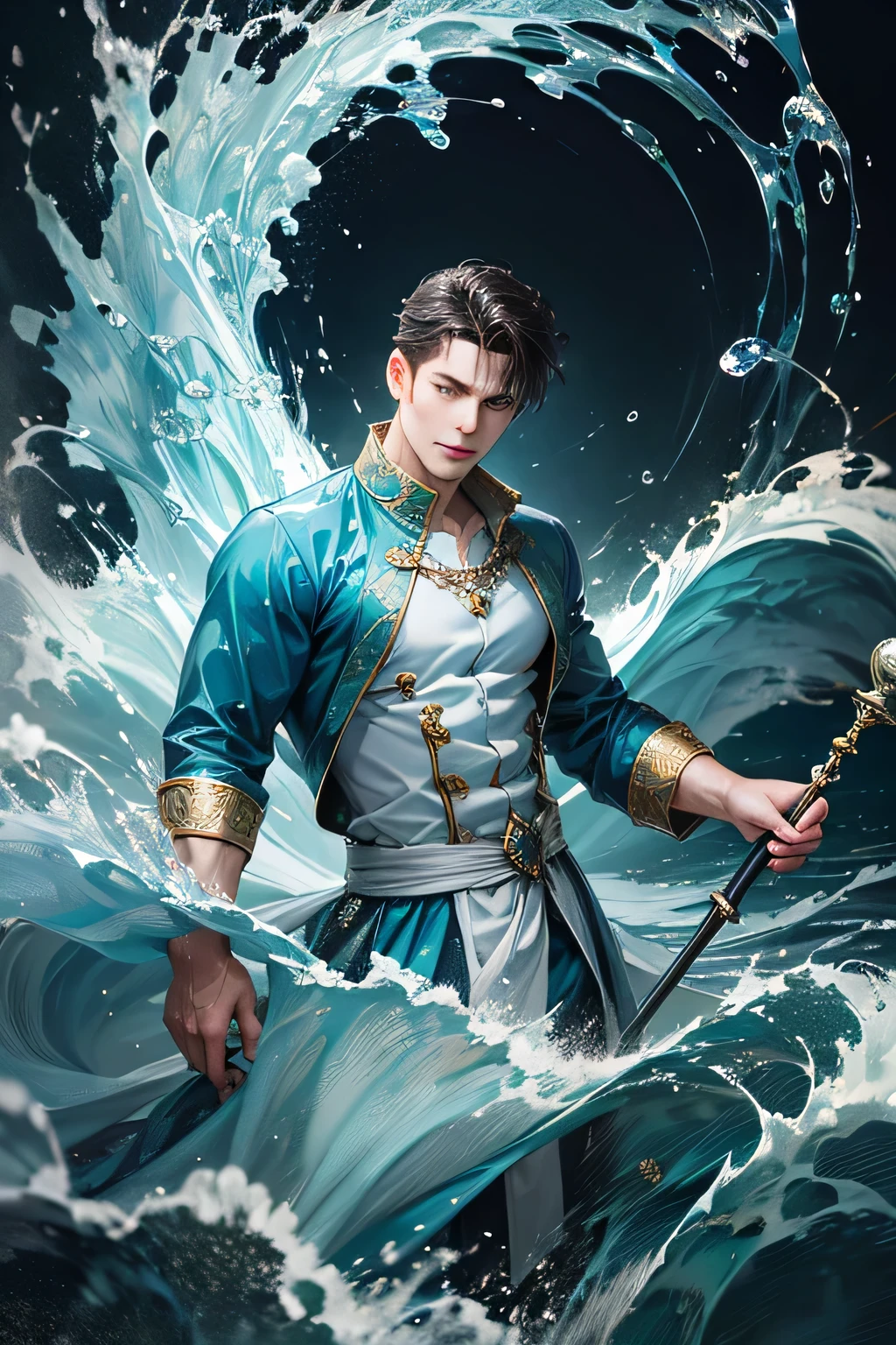 "Create an ultra-realistic image of a handsome 42-year-old man holding an aqua magical staff that emanates the powerful essence of water. Depict him surrounded by flowing currents, cascading waves, and shimmering droplets to highlight his command over the element of aqua. He should have an aqua sign marked on his body, signifying his role as the keeper of aqua and showcasing the dynamic, fluid energy of water he possesses within him."