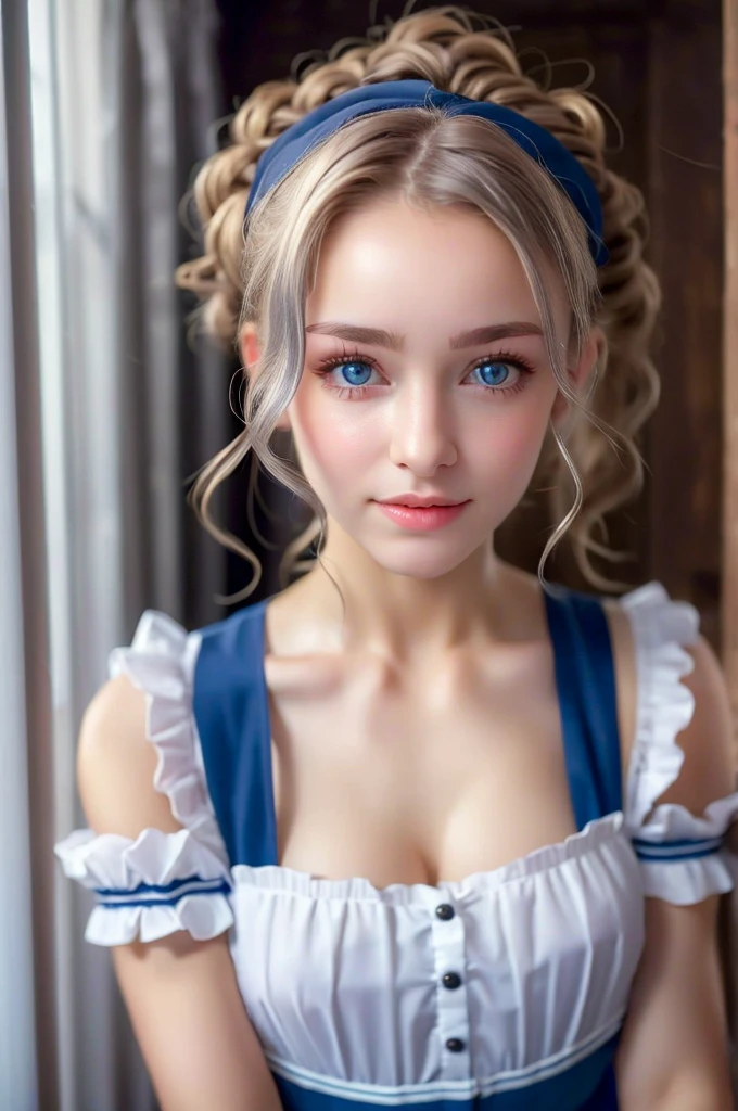 (((European Caucasian Woman)))、(((Mary, 18 years old)))、one person、(Thin contours、Grey Eye:1.5)、(Thin contours)、Big Breasts、Narrow waist、(((White and translucent skin:1.3)))、Beautiful, shiny blonde medium-long hair、8-head-tall model style、Tokyo cityWear、 (((masterpiece))), (((Highest quality: 1.4))), ((Very detailedな: 1.4)) , Urzan-6500-v1.1, (RAW Photos:1.2), (Realistic), (See through:1.3), (masterpiece), (Genuine:1.4), Very detailed, Sharp focus, tensura:bright valentine、一人のbeautiful女性, ((beautiful, Shiny silver grain、Detailed face、((Right eye is red、Bright blue left eye))、Gothic Lolita Maid Clothing、Knee-high socks、