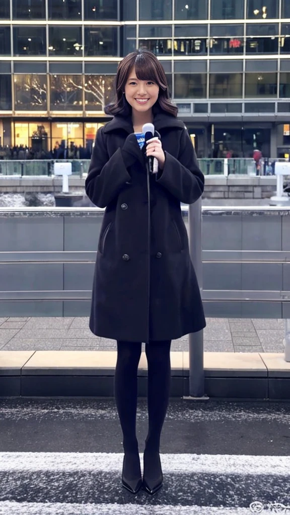 A full-body photo of a cute Japanese weather forecaster wearing a cute closed-front coat,Medium Hair, pumps,A girl broadcasting live with a microphone in both hands,Broadcasting with a microphone outdoors in Tokyo in winter,Standing in front of Tokyo Station,wearing pumps and black tights,masterpiece,ultra detail face