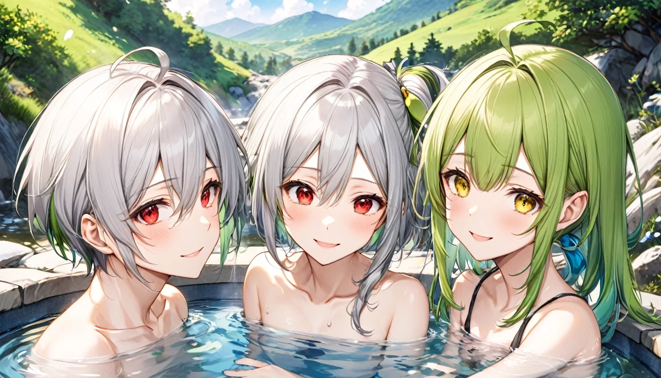panoramic, (Looking at each other) (relax bathing style), (a 16 yo, crew cut silver hair very short hair divine fighter boy, cool red eyes) and (a 15 yo, green ponytail hair long hair cute girl, cute yellow eyes, medium tits, love smile), break, (in the open natural hot spring, background nature), BREAK, perfect anatomy, masterpiece, best quality, 16k, beautiful detailed grow, daydreaming expression.