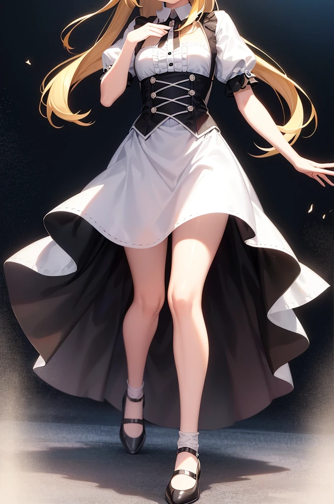 ((Maid)),Frills,Cute ,Tiny ,Small ,Childish face, Very fine clean face,Top quality,Straight Hair,Yellow hair,(Dark Room), Subtle light, Natural light,Soft lighting,Light from directly behind,(Open your hands), (Are standing),Front view,Black background
