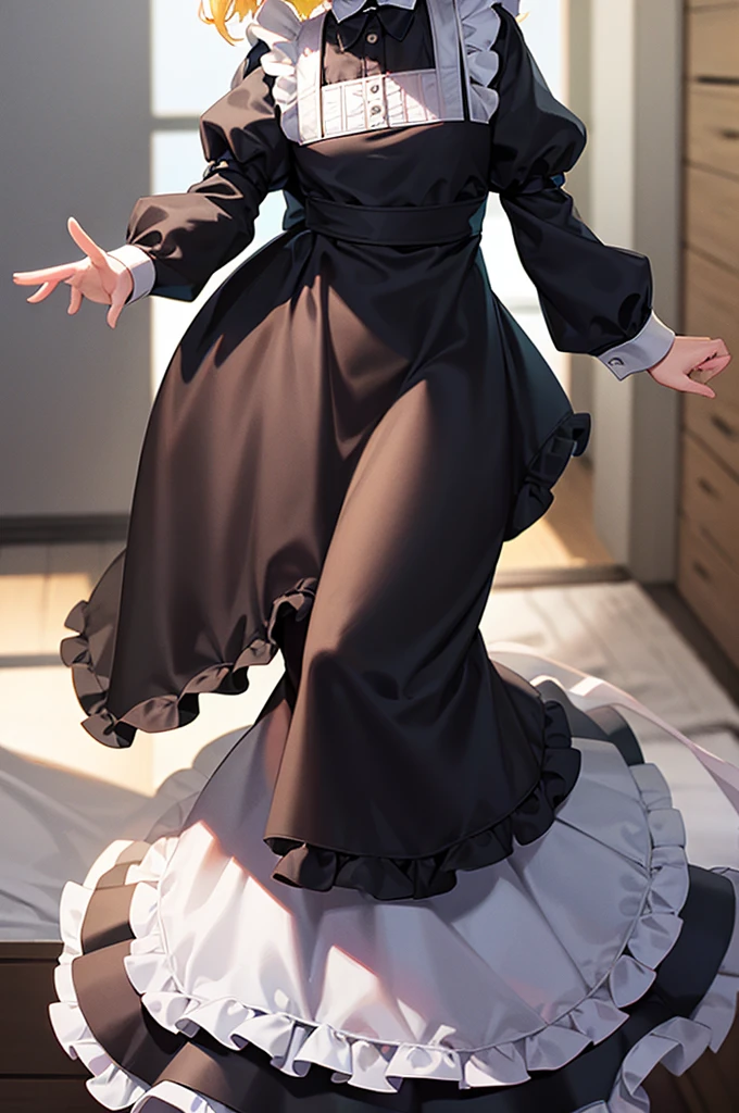 ((Maid)),Frills,Cute  ,Tiny ,Small ,Childish face, Very fine clean face,Top quality,Straight Hair,Yellow hair,(Dark Room), Subtle light, Natural light,Soft lighting,Light from directly behind,(Open your hands), (Are standing),Front view,Black background