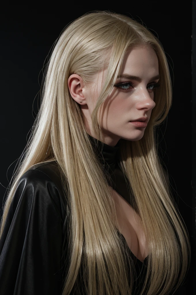 painting of hot woman pretty ,slick-blonde-back hair ,slickback-hair, hairstyle,slick hair,big breast, mary jane ansell, monia merlo, serge marshennikov,. nightime, inspired by Albert Anker, amy judd, inspired by Odd Nerdrum, inspired by Antoni Pitxot,black background, simple background , blur