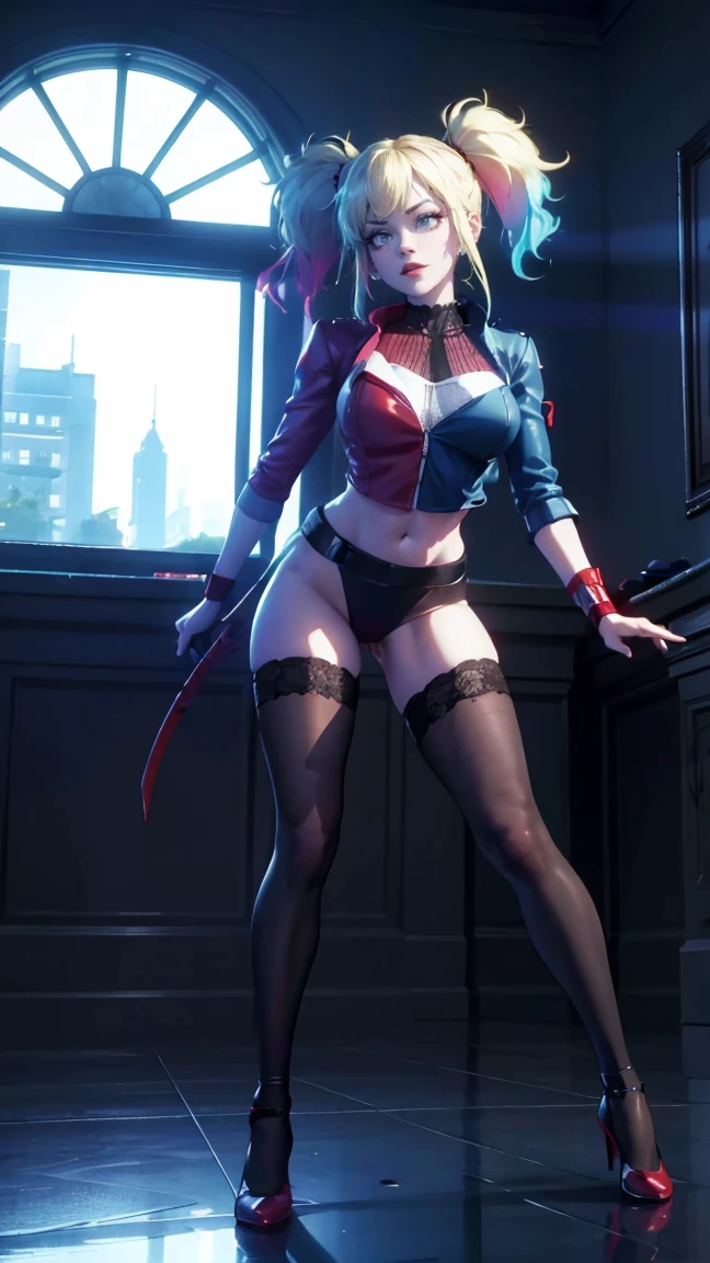 masterpiece, Best quality, Super detailed, illustration, beautiful detailed eyes, ((distant view, wide angle 1.31)), On the outside, young woman, Harley Quinn, intricate design, complex shaped lace tights, two hair tails (blue and red tail), sexual, Face to face, split, full length (full body 1.1.), very feminine, fighting stance, (masterpiece), magic photography, Spectacular lighting, Photorealism, ultra detailed, intimate portrait composition, 1. 4,8 k UHD, aesthetic, Cd., A high resolution, 8 k, better lighting, Best shade, Ultra-HD, A high resolution, sharp focus, Complex background, Cinematic lighting, ((Landscape view)), 4K block, (better lighting), ((Cinematic lighting)),