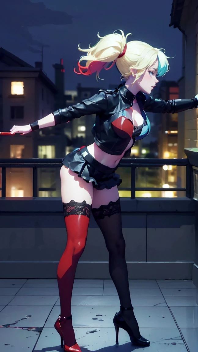 masterpiece, Best quality, Super detailed, illustration, beautiful detailed eyes, ((distant view, wide angle 1.31)), On the outside, young woman, Harley Quinn, intricate design, complex shaped lace tights, two hair tails (blue and red tail), sexual, Face to face, split, full length (full body 1.1.), very feminine, fighting stance, (masterpiece), magic photography, Spectacular lighting, Photorealism, ultra detailed, intimate portrait composition, 1. 4,8 k UHD, aesthetic, Cd., A high resolution, 8 k, better lighting, Best shade, Ultra-HD, A high resolution, sharp focus, Complex background, Cinematic lighting, ((Landscape view)), 4K block, (better lighting), ((Cinematic lighting)),