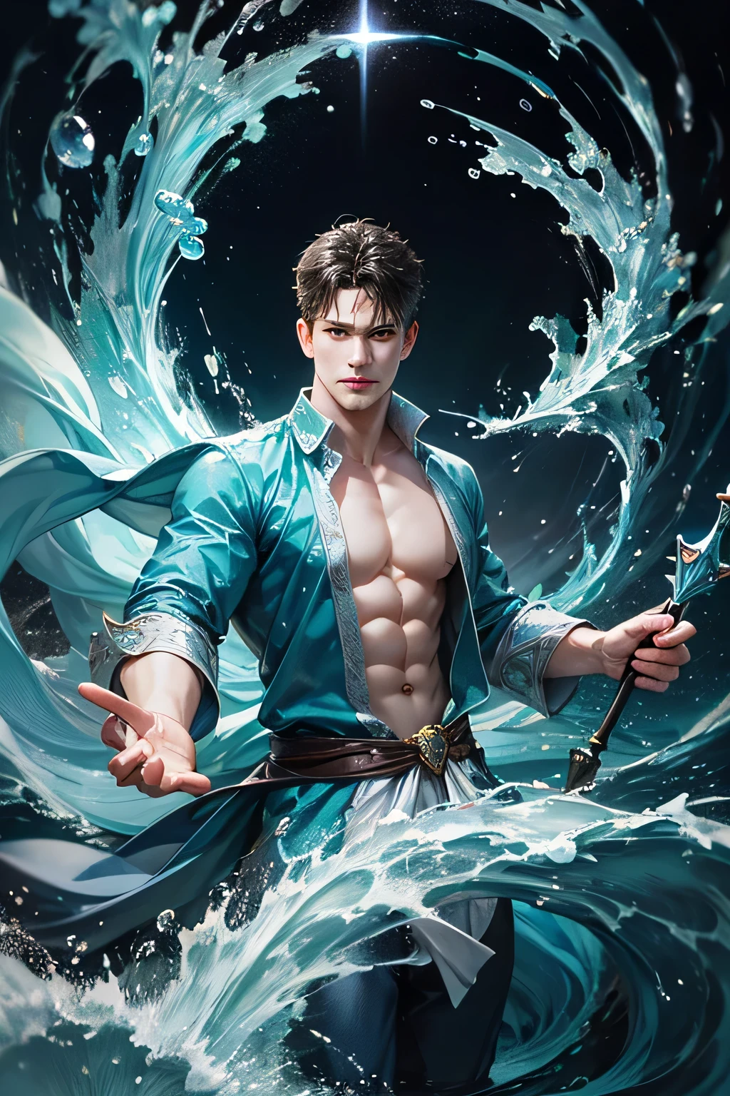 Best quality, masterpiece, super high resolution, hanfu, jade water book, black hair, water, waves, crashing waves, spells, fa gong, (absurd, high resolution, super detailed), Asian, 1 male, eighteen-year-old boy, handsome, tall muscular man, broad shoulders, very short hair, bottom cut, dark brown eyes, fine eyes and detailed face, extremely detailed CG Unity 8k wallpaper, intricate details, (Style Swirl Magic: 0.7), Looking at the Audience, Solo, (Full Body: 0.6), Detailed Background, Detailed Face, (European Medieval Fantasy Theme: 1.1), Hair Fluttering in the Wind, Martial Artist, Dynamic Pose, Fighting Stance, Clenched Fists, Fingerless Gauntlet, Wristband, Dragon-themed Costume, Monk Robe, , Rotating Floating Particles, Dynamic Composition, Upper Body Naked, Big Muscles, White Rubber Pants, ((((crotch bulge))))