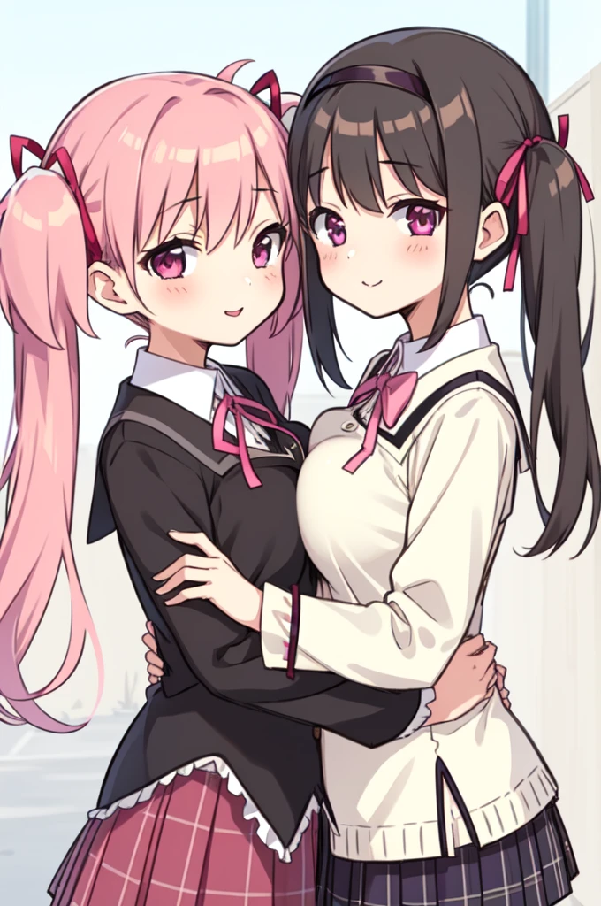 2girls, akemi homura, alternate breast size, black hair, day, bow, breast press, hair ribbon, hairband, kaname madoka, long hair, looking at viewer, mitakihara , multiple girls, pink eyes, pink hair, plaid, plaid skirt, purple eyes, ribbon, , short hair, short twintails, simple background, skirt, symmetrical docking, twintails, white background, (((yuri,outdoors,潰れた大きい胸))),